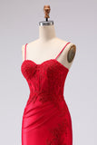 Red Satin Mermaid Embroidered Lace Up Back Long Ball Dress with Slit