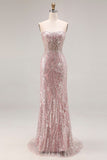 Sparkly Light Pink Strapless Sheath Long Ball Dress with Sequins