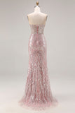 Sparkly Light Pink Strapless Sheath Long Ball Dress with Sequins
