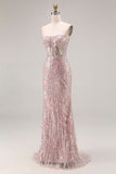 Sparkly Light Pink Strapless Sheath Long Ball Dress with Sequins