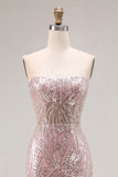 Sparkly Light Pink Strapless Sheath Long Ball Dress with Sequins