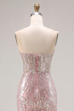 Sparkly Light Pink Strapless Sheath Long Ball Dress with Sequins