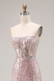 Sparkly Light Pink Strapless Sheath Long Ball Dress with Sequins