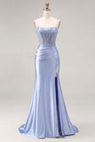 Dusty Blue Mermaid Beaded Satin Corset Long Ball Dress with Slit
