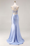 Dusty Blue Mermaid Beaded Satin Corset Long Ball Dress with Slit