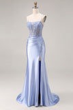 Dusty Blue Mermaid Beaded Satin Corset Long Ball Dress with Slit