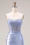 Dusty Blue Mermaid Beaded Satin Corset Long Ball Dress with Slit