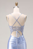 Dusty Blue Mermaid Beaded Satin Corset Long Ball Dress with Slit