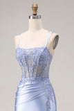Dusty Blue Mermaid Beaded Satin Corset Long Ball Dress with Slit