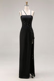 Black Sheath Satin Spaghetti Straps Long Maxi Dress with Slit