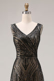 Sparkly Black Sheath V-Neck Beaded Long Ball Dress with Sequins