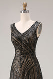 Sparkly Black Sheath V-Neck Beaded Long Ball Dress with Sequins
