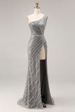 Sparkly Silver One Shoulder Mermaid Sequin Long Ball Dress with Slit