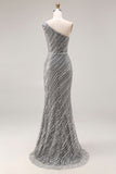 Sparkly Silver One Shoulder Mermaid Sequin Long Ball Dress with Slit