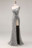 Sparkly Silver One Shoulder Mermaid Sequin Long Ball Dress with Slit
