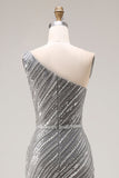 Sparkly Silver One Shoulder Mermaid Sequin Long Ball Dress with Slit