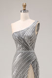 Sparkly Silver One Shoulder Mermaid Sequin Long Ball Dress with Slit