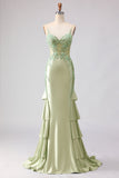 Light Green Mermaid Beaded Corset Ruffle Long Ball Dress with Lace Up Back