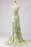 Light Green Mermaid Beaded Corset Ruffle Long Ball Dress with Lace Up Back
