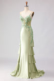 Light Green Mermaid Beaded Corset Ruffle Long Ball Dress with Lace Up Back