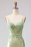 Light Green Mermaid Beaded Corset Ruffle Long Ball Dress with Lace Up Back
