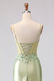 Light Green Mermaid Beaded Corset Ruffle Long Ball Dress with Lace Up Back