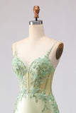 Light Green Mermaid Beaded Corset Ruffle Long Ball Dress with Lace Up Back