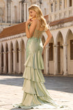 Light Green Mermaid Beaded Corset Ruffle Long Ball Dress with Lace Up Back