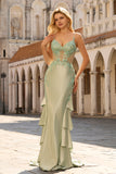 Light Green Mermaid Beaded Corset Ruffle Long Ball Dress with Lace Up Back