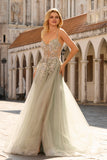 Sparkly A-Line Beaded Corset Peach Sequin Long Tulle Ball Dress with Slit