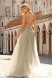 Sparkly A-Line Beaded Corset Peach Sequin Long Tulle Ball Dress with Slit