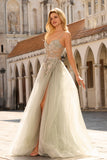Sparkly A-Line Beaded Corset Peach Sequin Long Tulle Ball Dress with Slit