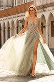 Sparkly A-Line Beaded Corset Peach Sequin Long Tulle Ball Dress with Slit