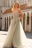 Sparkly A-Line Beaded Corset Peach Sequin Long Tulle Ball Dress with Slit