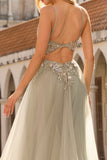 Sparkly A-Line Beaded Corset Peach Sequin Long Tulle Ball Dress with Slit