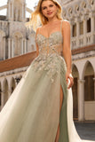 Sparkly A-Line Beaded Corset Peach Sequin Long Tulle Ball Dress with Slit
