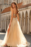 Sparkly A-Line Beaded Corset Peach Sequin Long Tulle Ball Dress with Slit