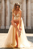 Sparkly A-Line Beaded Corset Peach Sequin Long Tulle Ball Dress with Slit