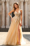 Sparkly A-Line Beaded Corset Peach Sequin Long Tulle Ball Dress with Slit