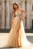 Sparkly A-Line Beaded Corset Peach Sequin Long Tulle Ball Dress with Slit