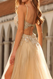 Sparkly A-Line Beaded Corset Peach Sequin Long Tulle Ball Dress with Slit