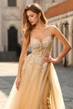 Sparkly A-Line Beaded Corset Peach Sequin Long Tulle Ball Dress with Slit