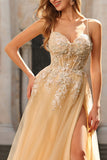 Sparkly A-Line Beaded Corset Peach Sequin Long Tulle Ball Dress with Slit