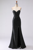Black Mermaid Sweetheart Beaded Corset Long Ball Dress with Slit