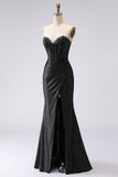 Black Mermaid Sweetheart Beaded Corset Long Ball Dress with Slit