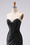 Black Mermaid Sweetheart Beaded Corset Long Ball Dress with Slit