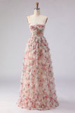 Light Pink A-Line Floral Printed Corset Long Ball Dress with Ruffles