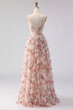 Light Pink A-Line Floral Printed Corset Long Ball Dress with Ruffles