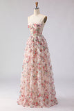 Light Pink A-Line Floral Printed Corset Long Ball Dress with Ruffles