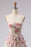 Light Pink A-Line Floral Printed Corset Long Ball Dress with Ruffles